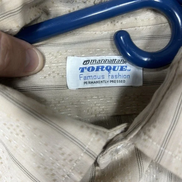 VTG Manhattan Torque Shirt Mens M 15-32 Beige Geometric Stripe 60s 70s Button up - Picture 3 of 8